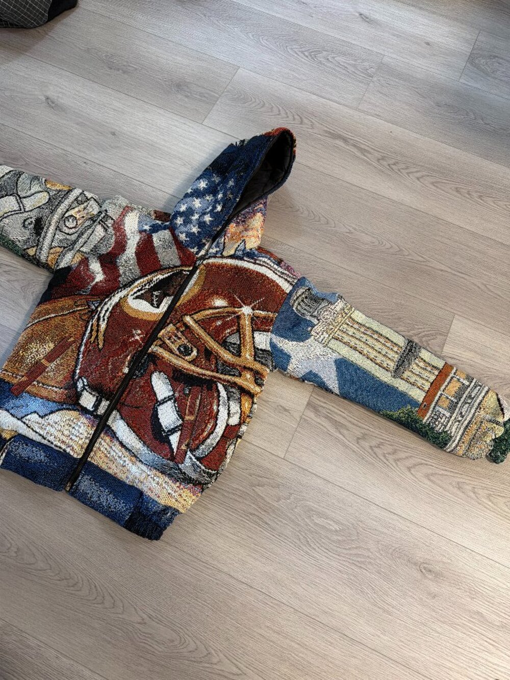 Reworked Tapestry Football Helmet USA Art Blanket Zip Hoodie Jacket Small